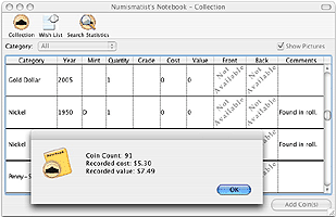 coin collecting computer program screenshot